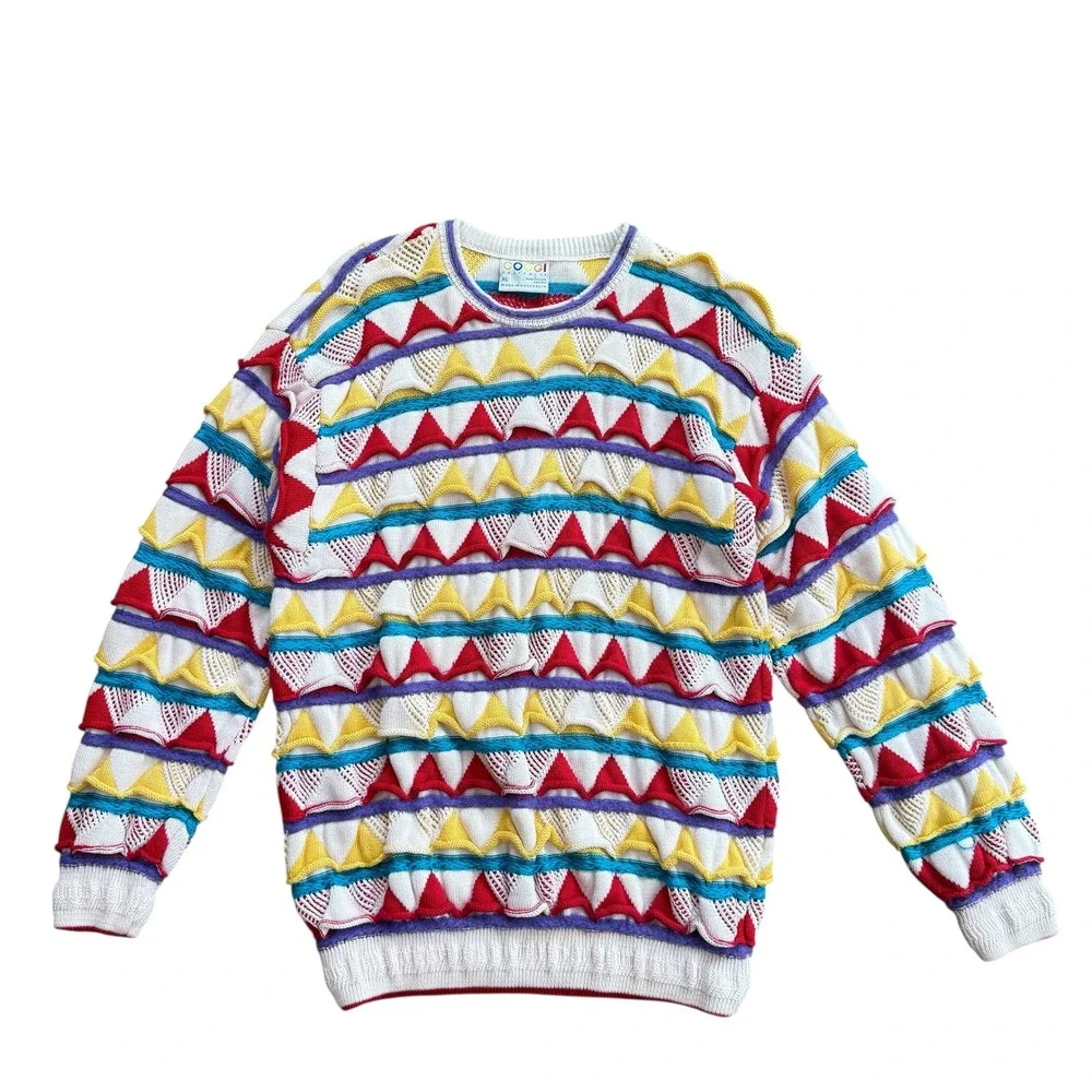 Coogi Australia Vintage 3D Knit‎ Sweater XL White Multi Color Geometric Cotton